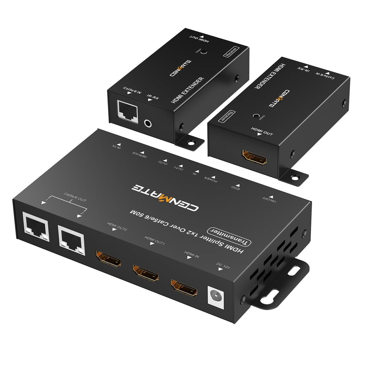 CENMATE front packaging showing the 1x2 HDMI extender kit and included accessories for easy installation