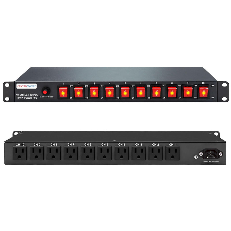 CENTROPOWER 1U PDU front view showing 10 outlets for organized rack power