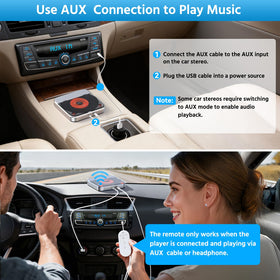 CENXINY AUX setup with remote control for easy listening when USB isn't available.