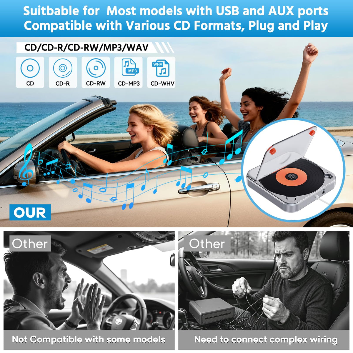 CENXINY USB/AUX connection enables quick plug-and-play audio in most vehicles.