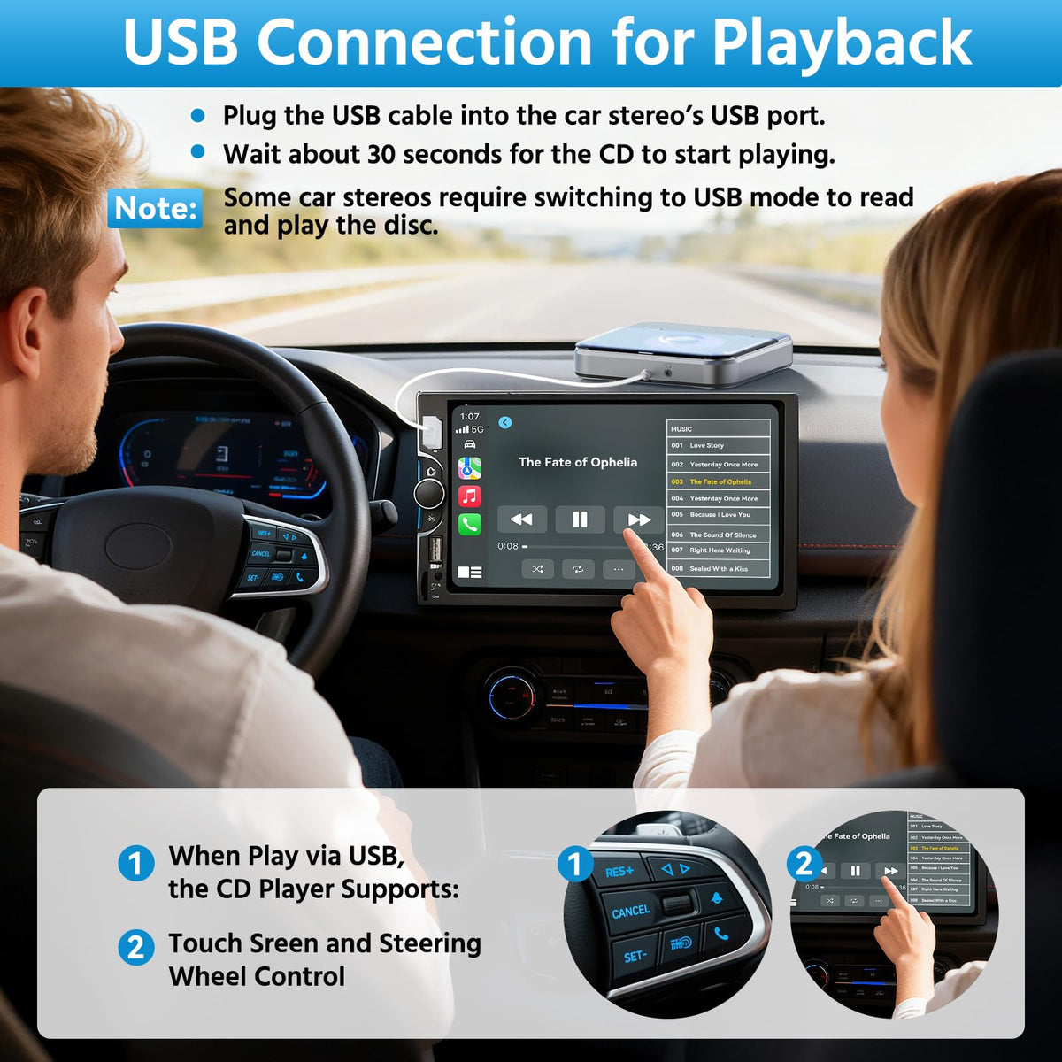 CENXINY USB connection with touchscreen compatibility for safer in-car control.