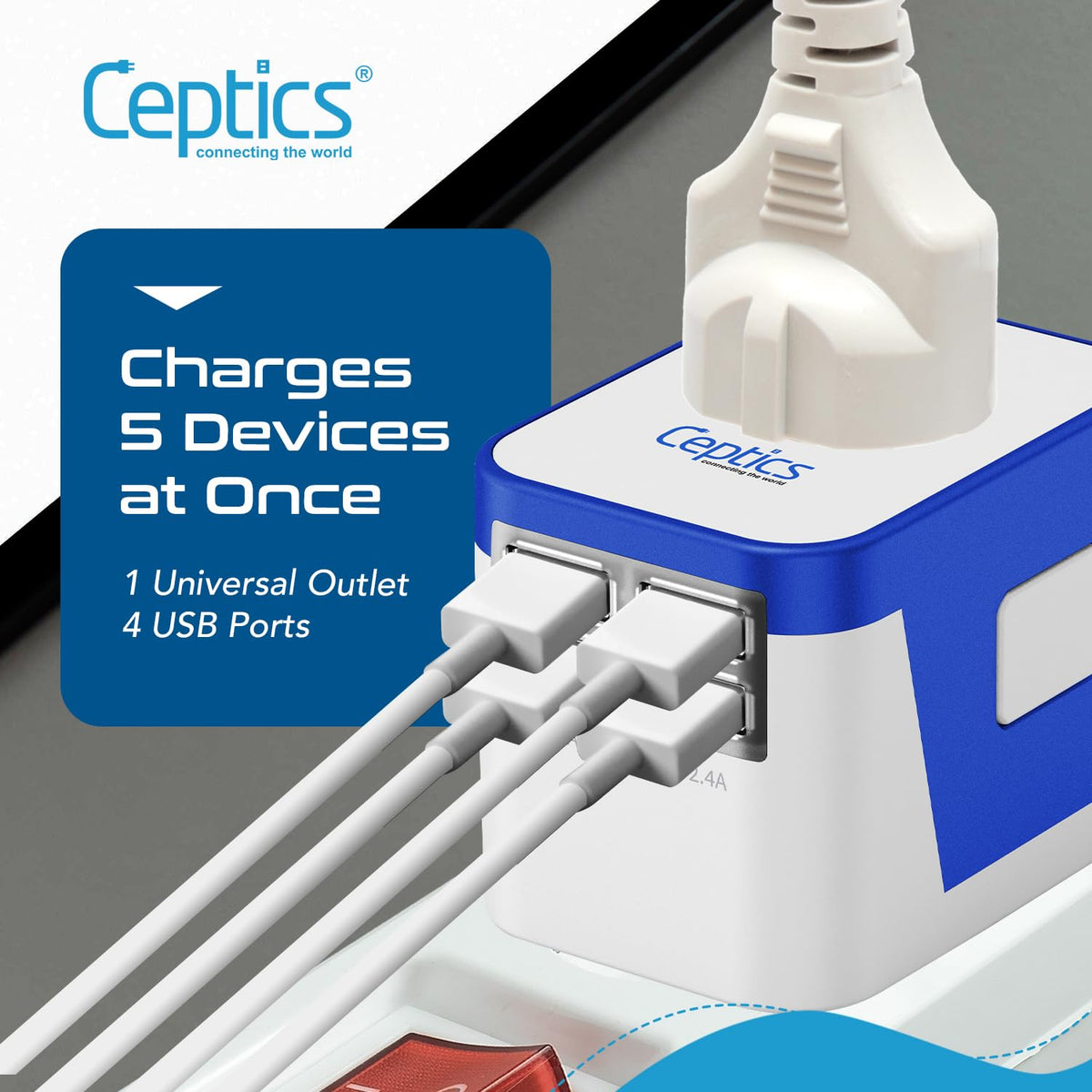Ceptics close-up of four USB ports showcasing simultaneous device charging