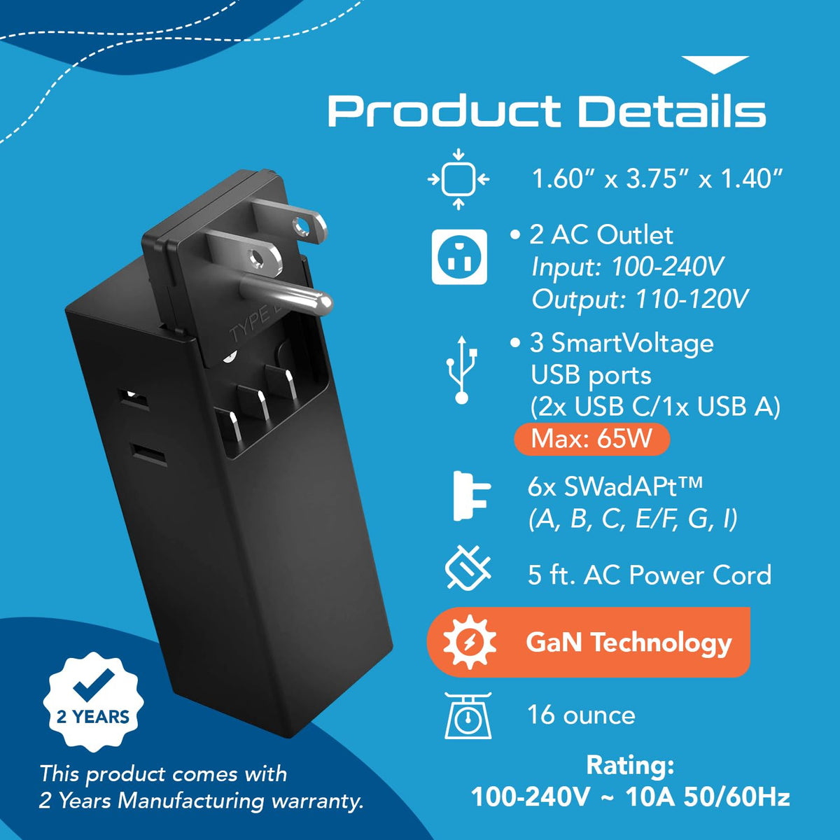 Ceptics 65W GaN travel adapter compact size fits in luggage or pocket.