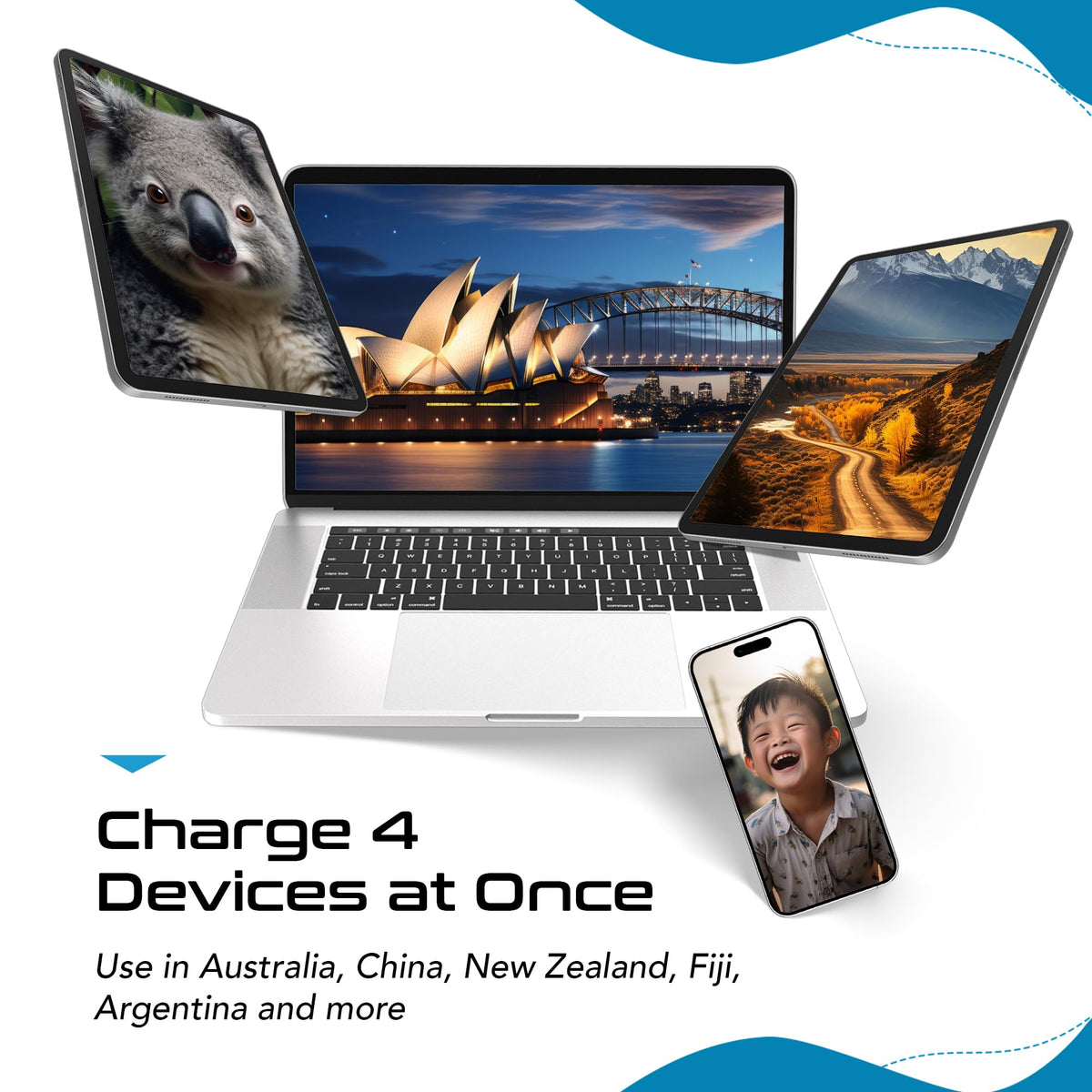 Ceptics adapter plugged in a hotel outlet charging multiple devices while traveling