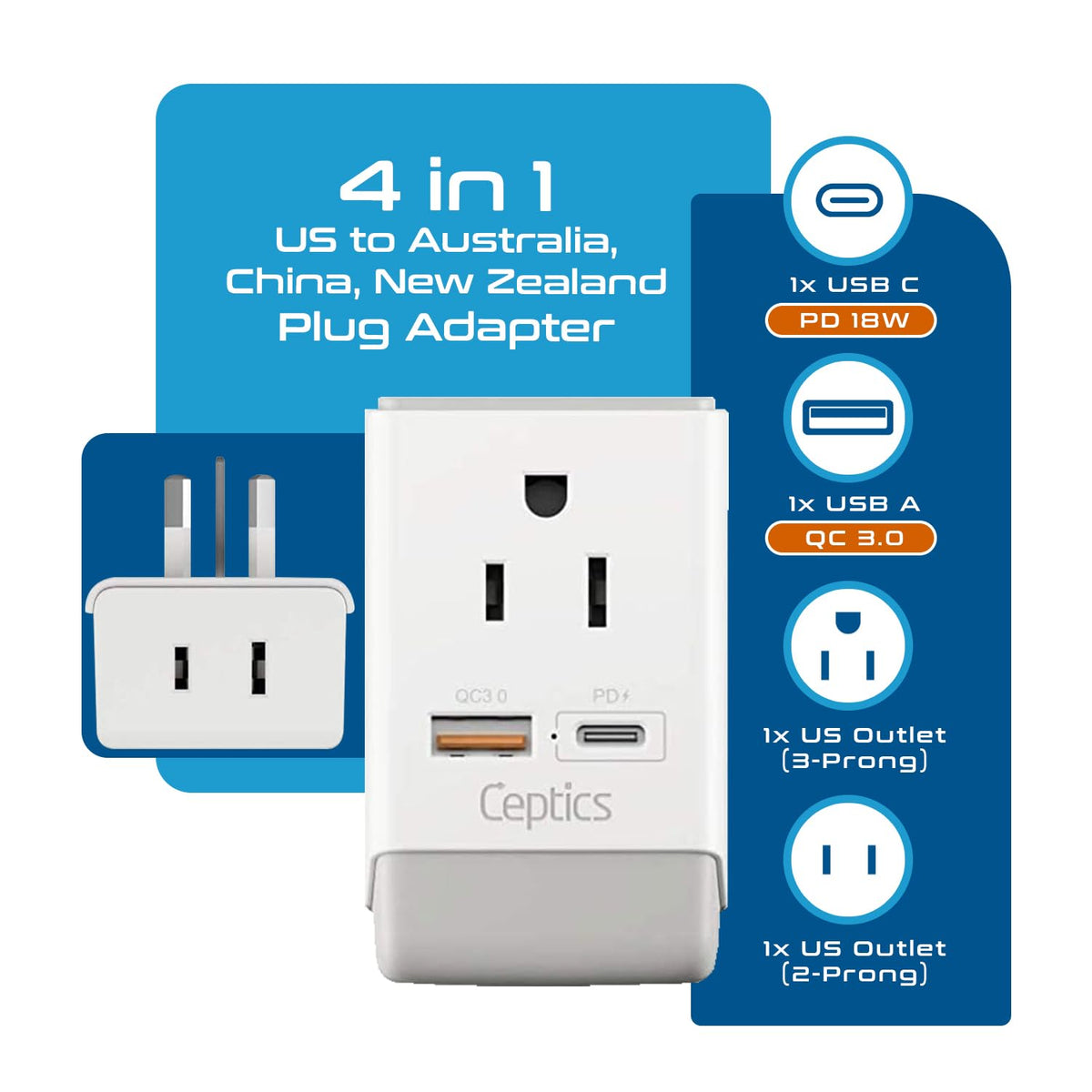 Ceptics AP-16 USB-C and USB charging ports enable fast power.