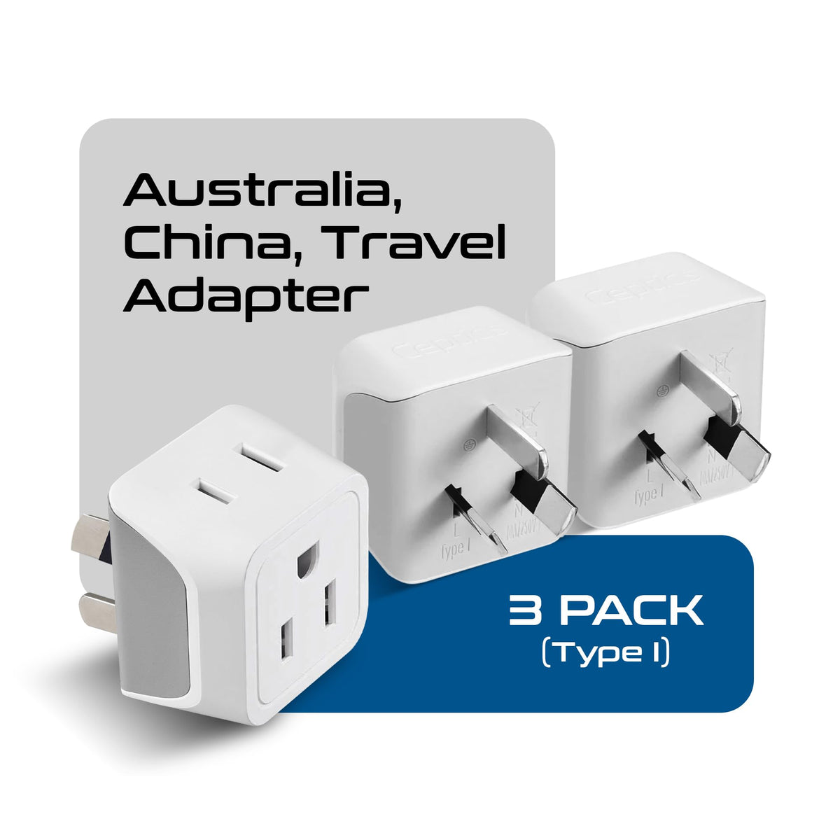 Ceptics Australia plug adapter with dual USA inputs, ideal for multi-device travel.