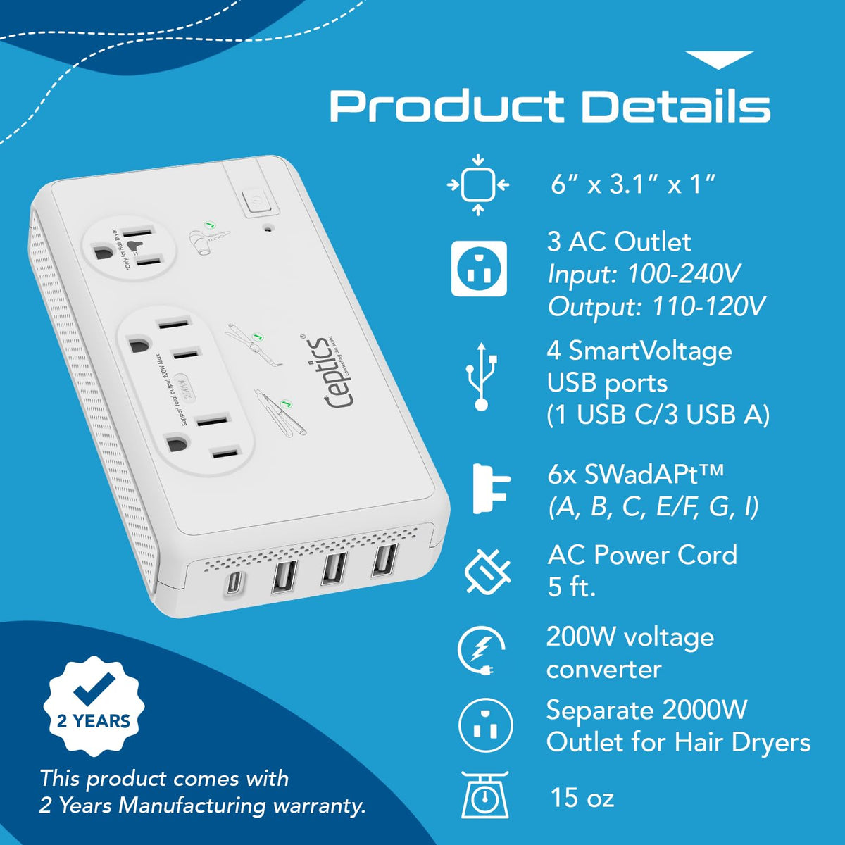 Ceptics automatically matches current to connected devices.