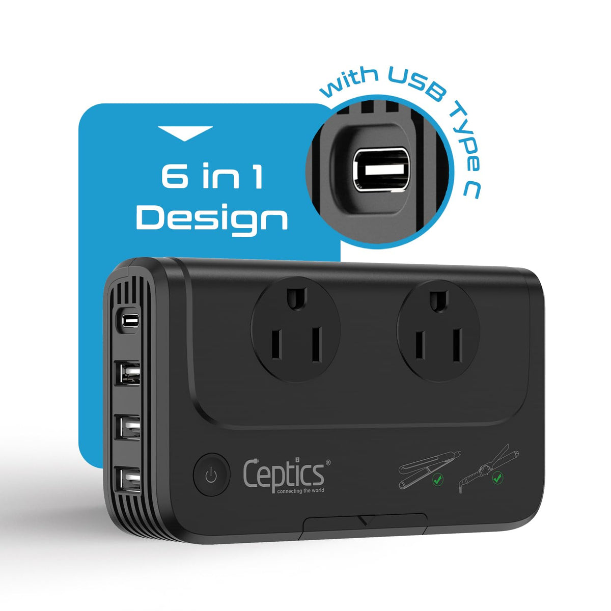 Ceptics powering curling iron in bathroom showing safe styling use