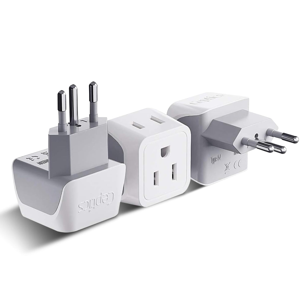 Ceptics Brazil travel adapter Type N 3-pack for compact packing and safe charging.