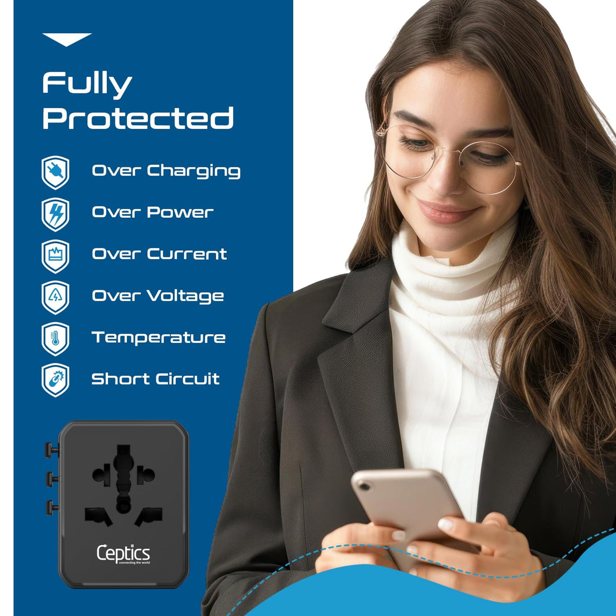 Ceptics compact travel adapter design fitting in a carry-on
