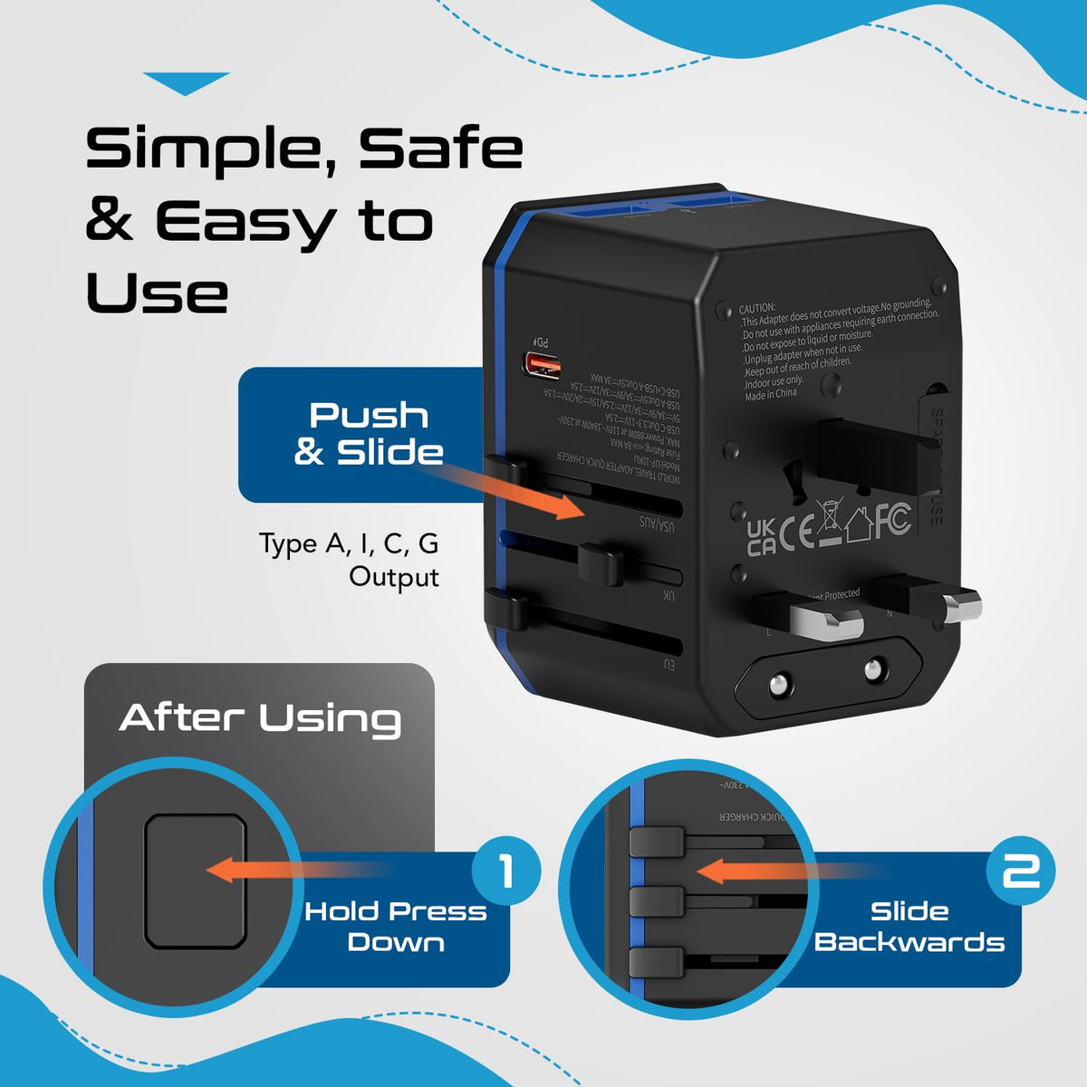 Ceptics travel adapter fits in a pocket-friendly compact size.