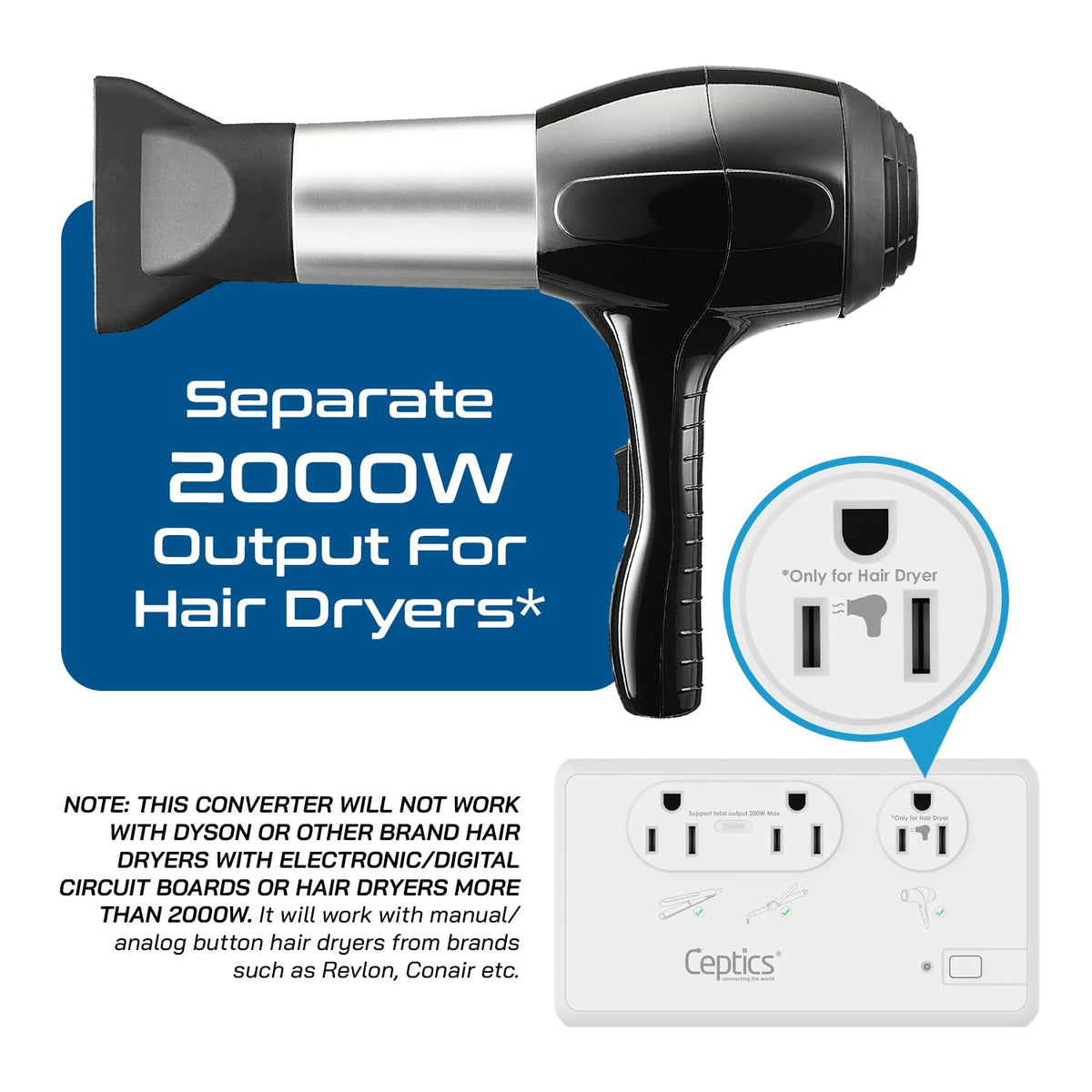 Ceptics coiled 5-foot cord and detachable adapters illustrating flexible placement