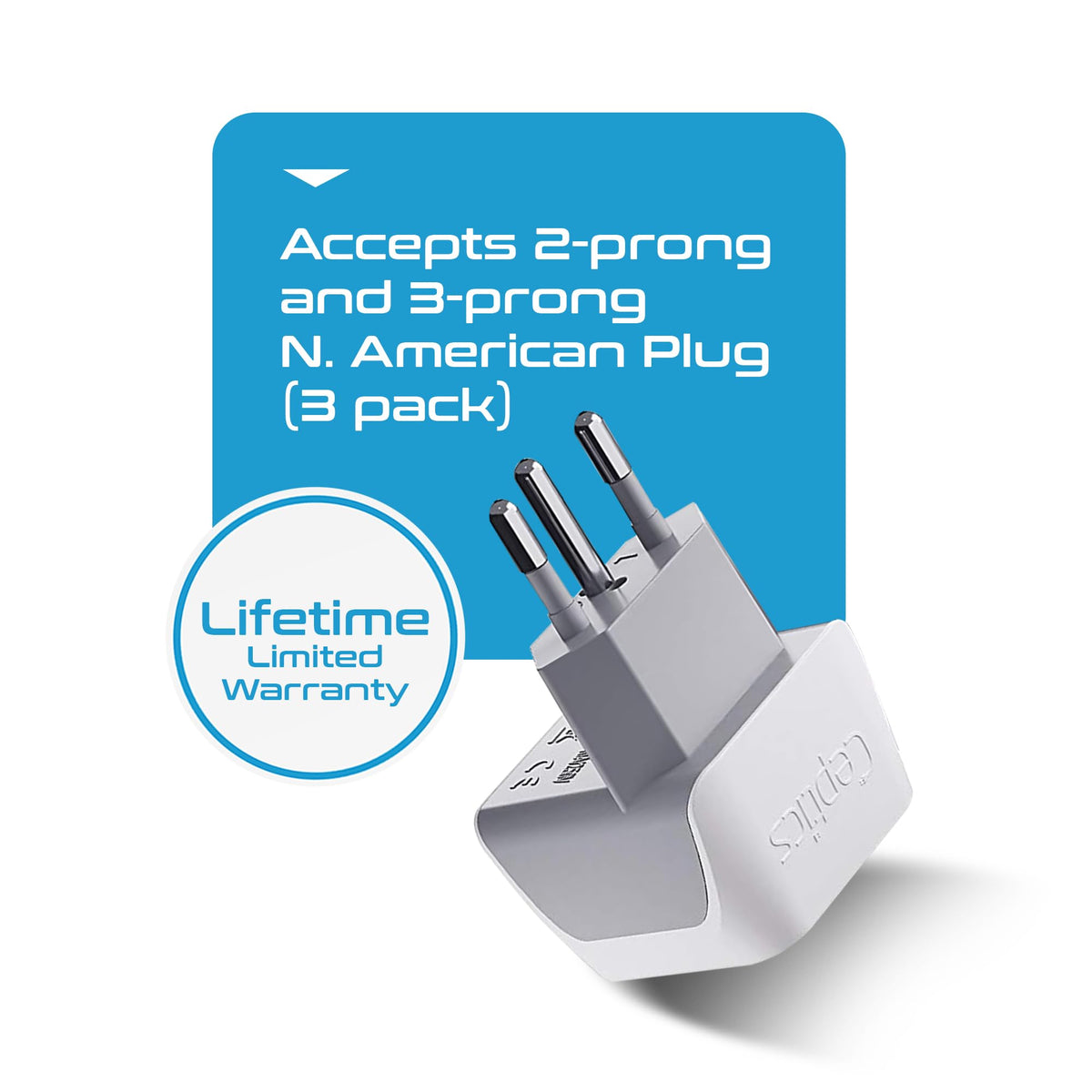 Ceptics CT-11C travel adapter note highlights no voltage conversion.