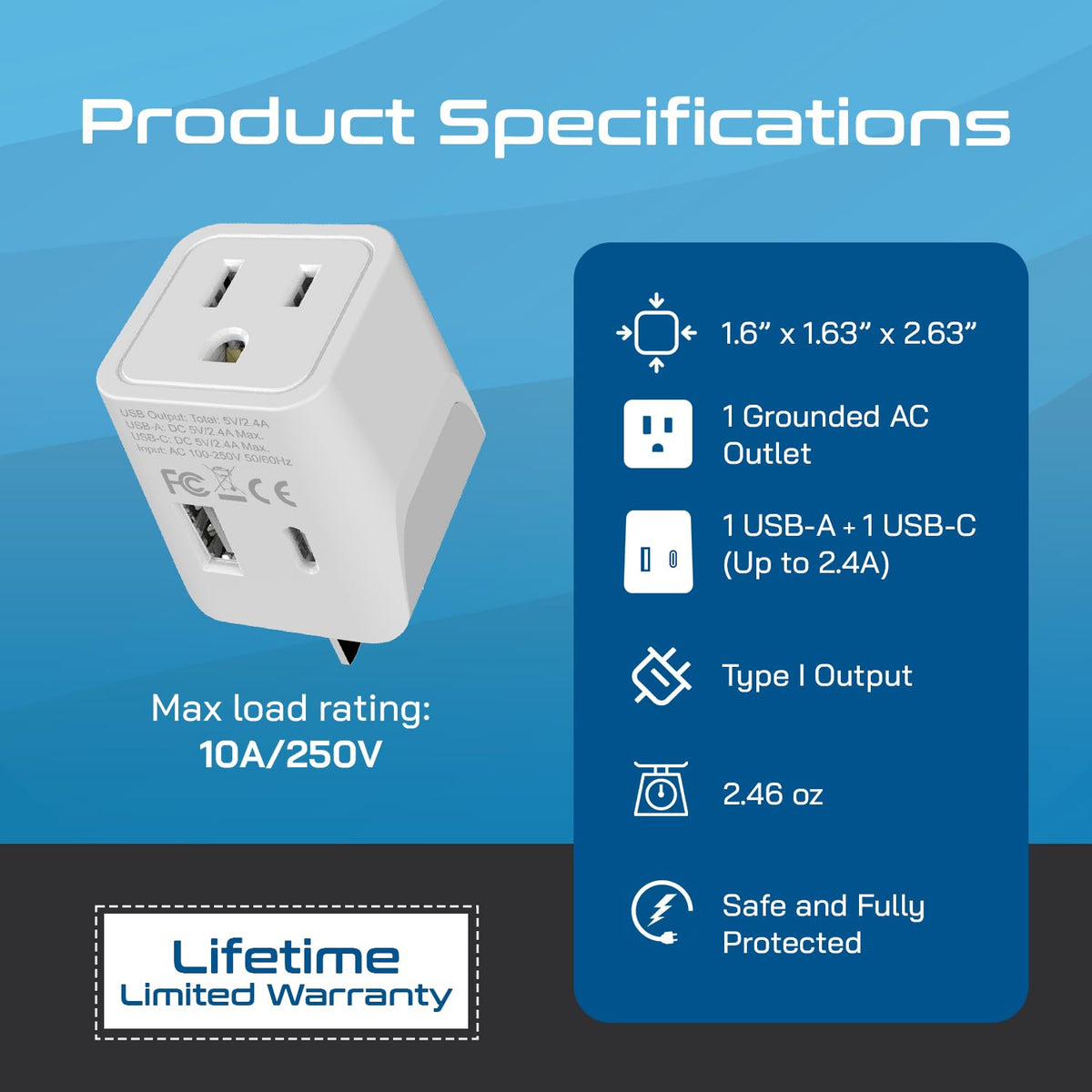 Ceptics CTU-16 Type I outlet shows Australia, New Zealand and China compatibility