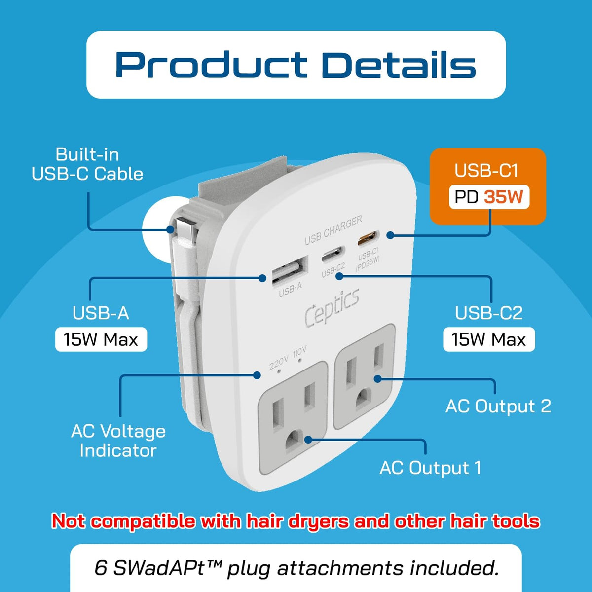 Ceptics dual US outlets top view allowing two AC devices to charge simultaneously