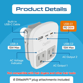 Ceptics dual US outlets top view allowing two AC devices to charge simultaneously
