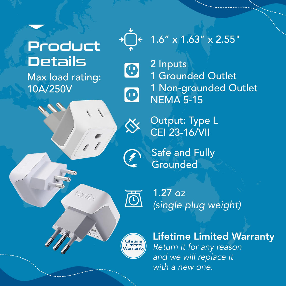 Ceptics dual USA input enables charging multiple devices abroad.