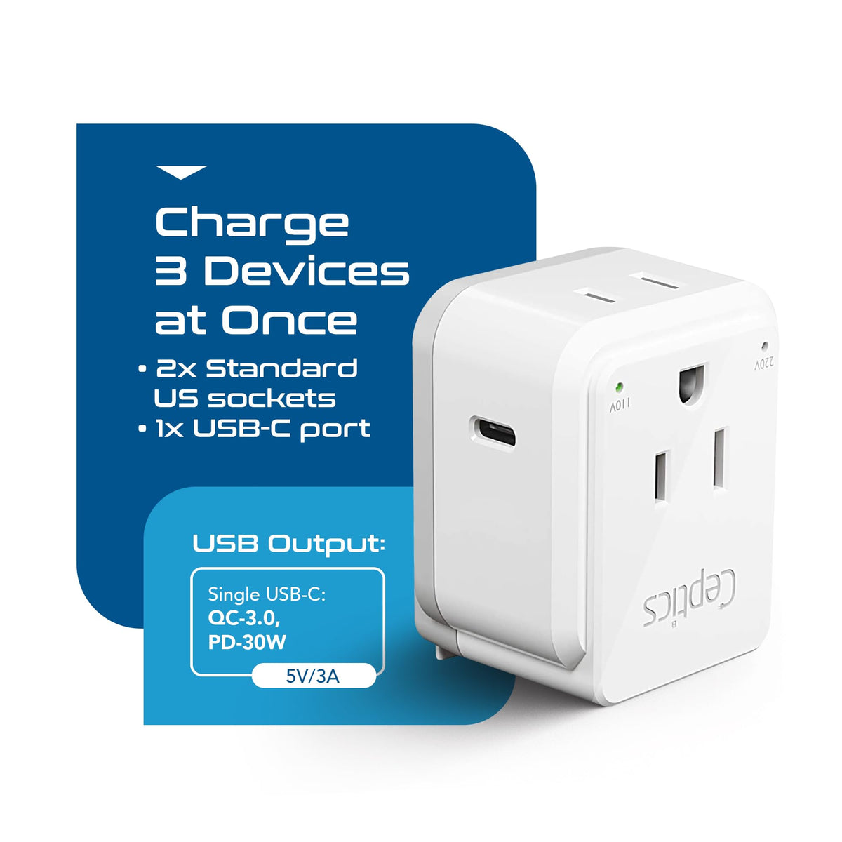 Ceptics dual-input design with two USA sockets and a USB-C port.