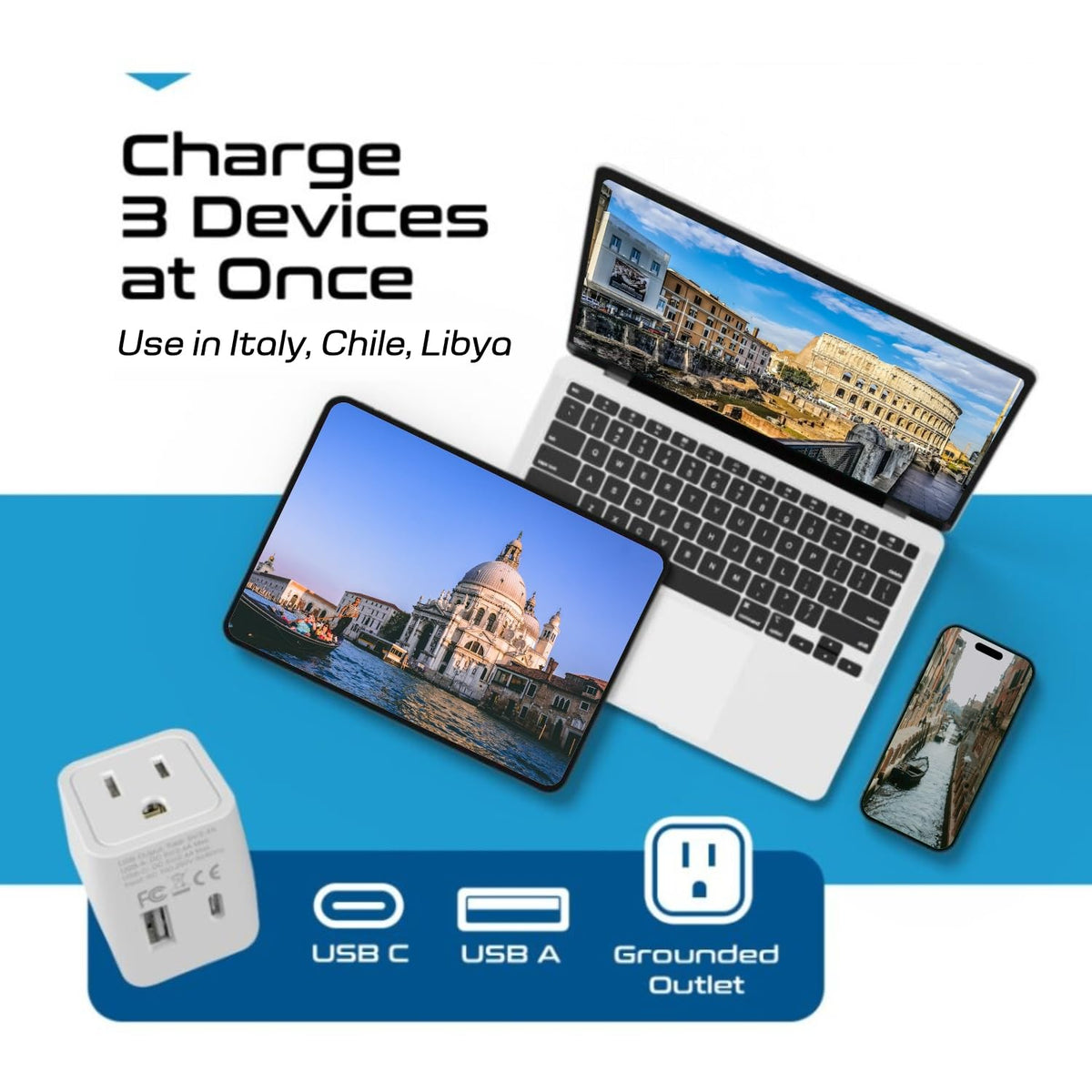 Ceptics dual voltage compatible adapter for global devices and chargers.
