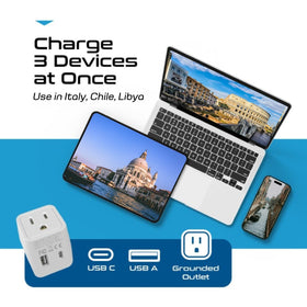 Ceptics dual voltage compatible adapter for global devices and chargers.