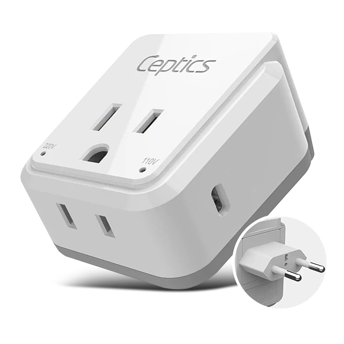 Ceptics European plug adapter compact travel design for easy packing.