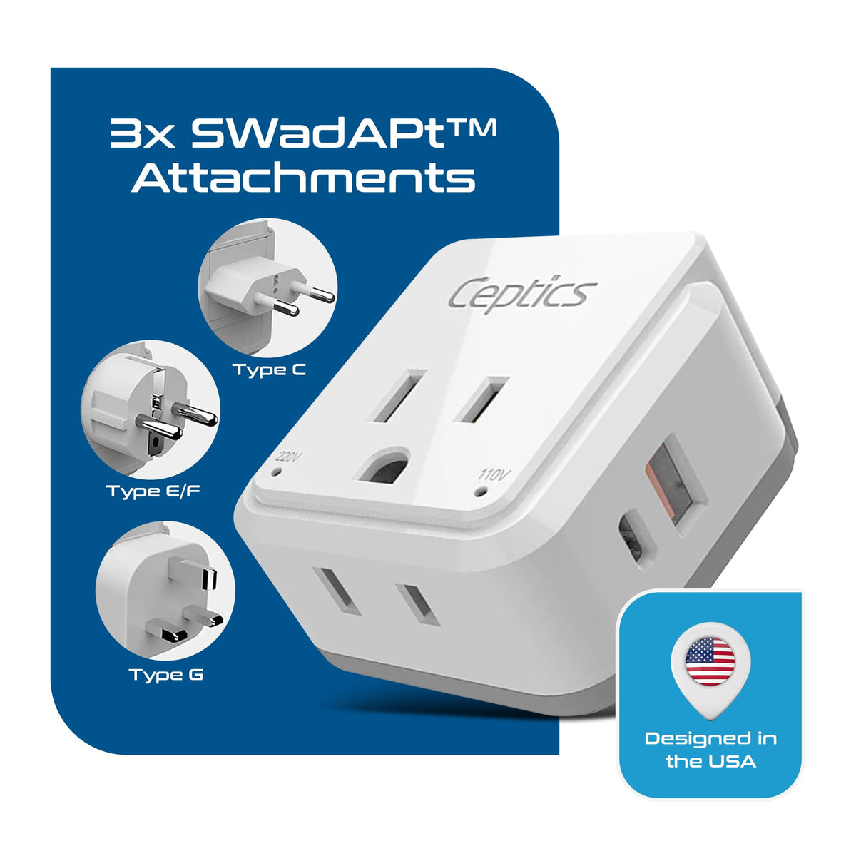 Ceptics travel adapter with two USA sockets and USB‑C/USB ports for multi‑device charging.