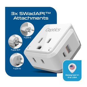 Ceptics travel adapter with two USA sockets and USB‑C/USB ports for multi‑device charging.