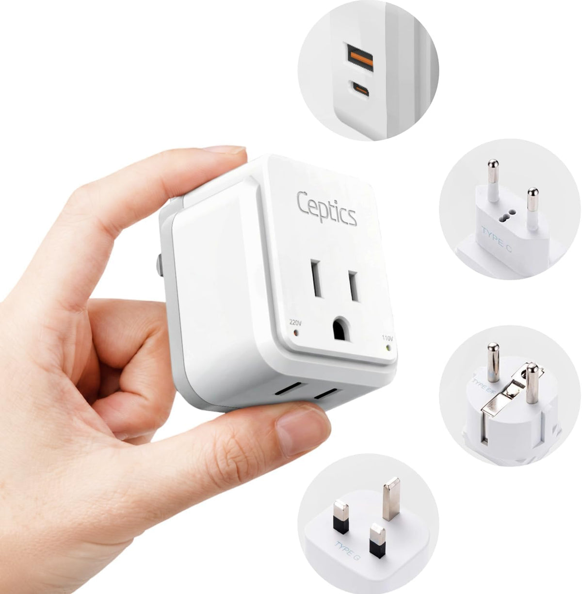 Ceptics European travel adapter main unit shown in compact, all‑in‑one design for travel ease.