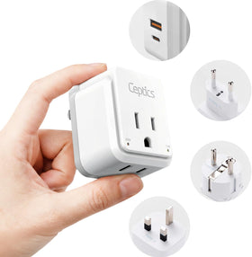 Ceptics European travel adapter main unit shown in compact, all‑in‑one design for travel ease.