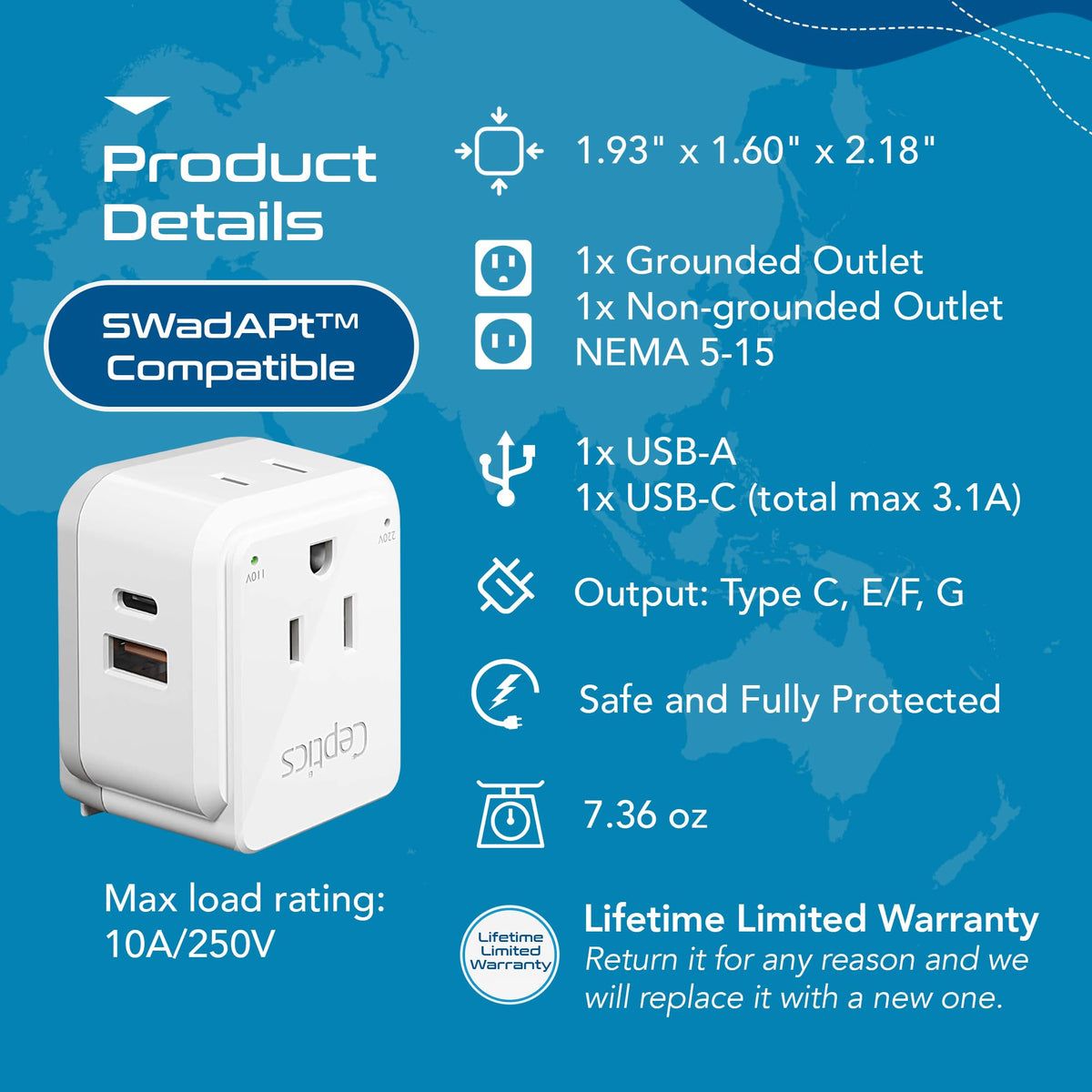 Ceptics Type C/E/F output on European adapter for modern devices.