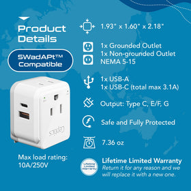 Ceptics Type C/E/F output on European adapter for modern devices.