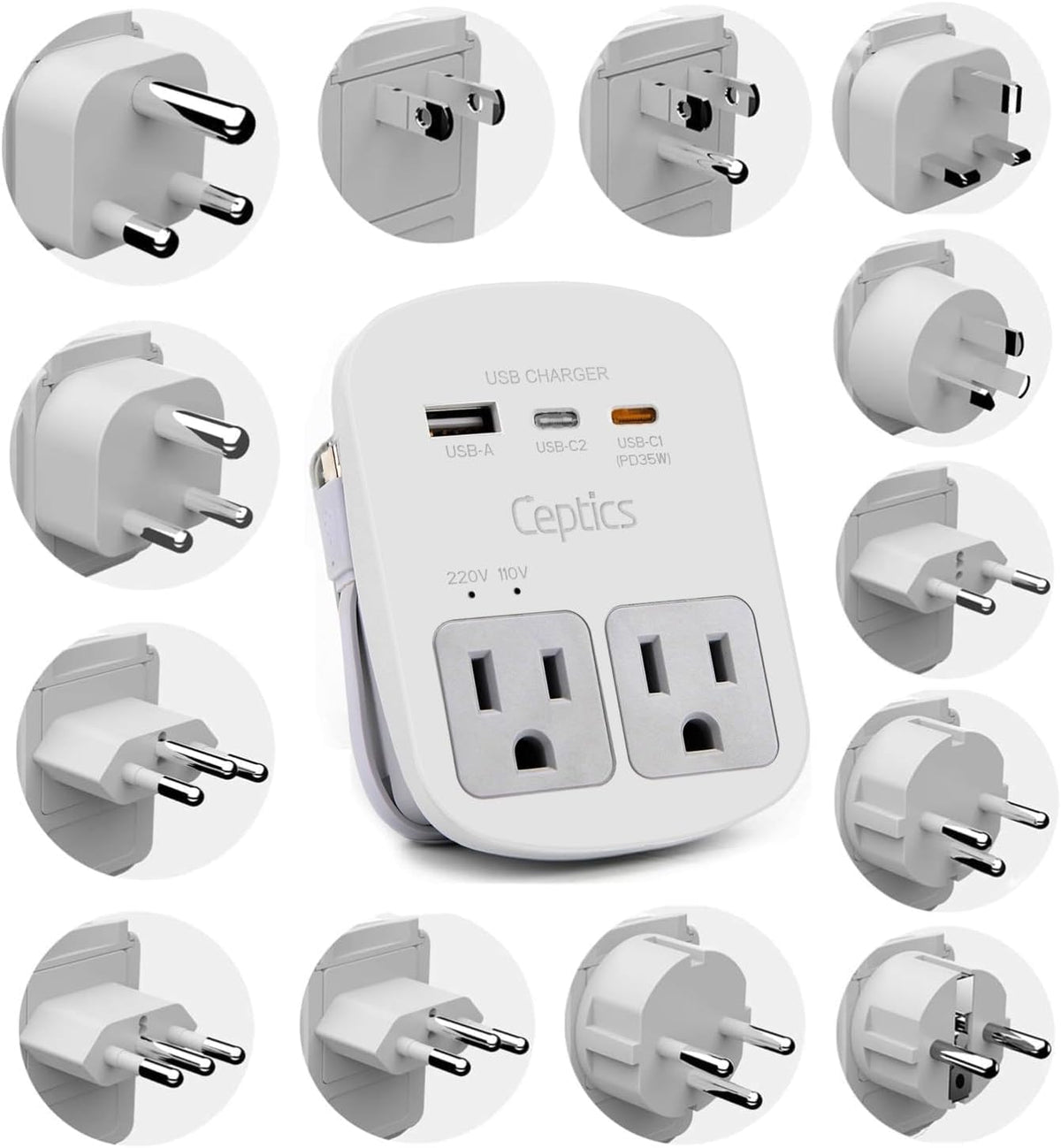 Ceptics front facing adapter showing sockets and ports for multi-device charging