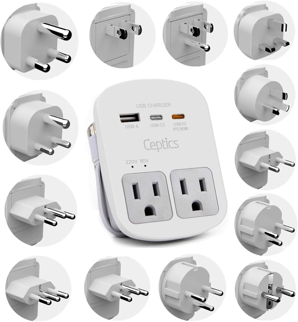 Ceptics front facing adapter showing sockets and ports for multi-device charging