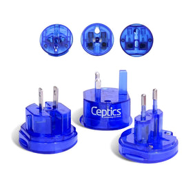 Ceptics compact travel adapter front view showing ports and blue finish, convenient for packing