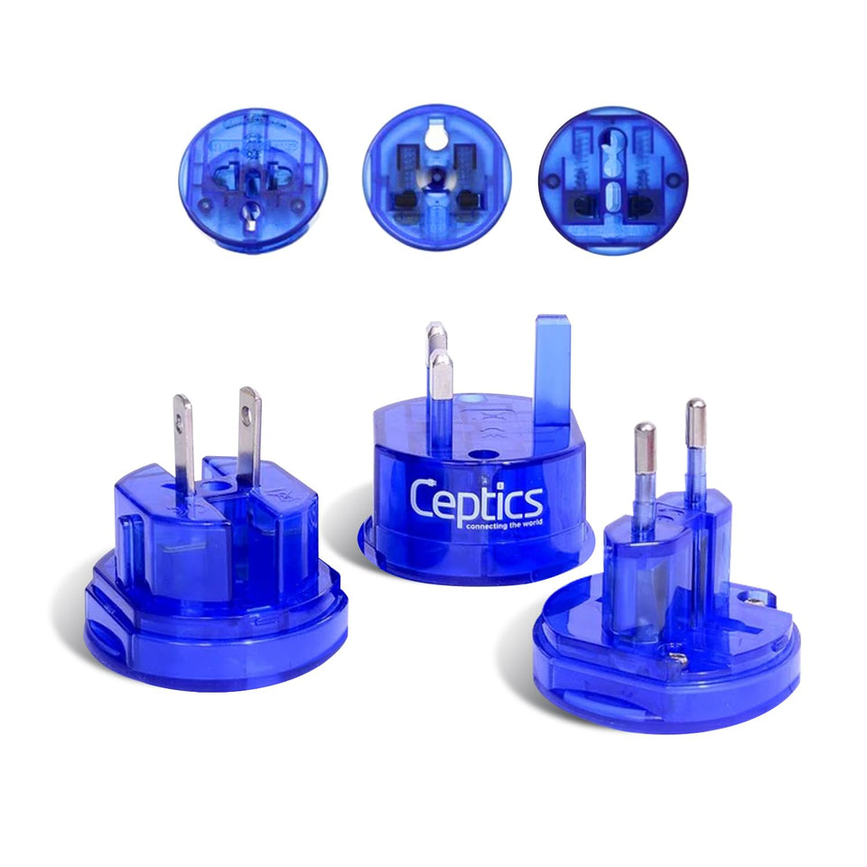 Ceptics compact travel adapter front view showing ports and blue finish, convenient for packing