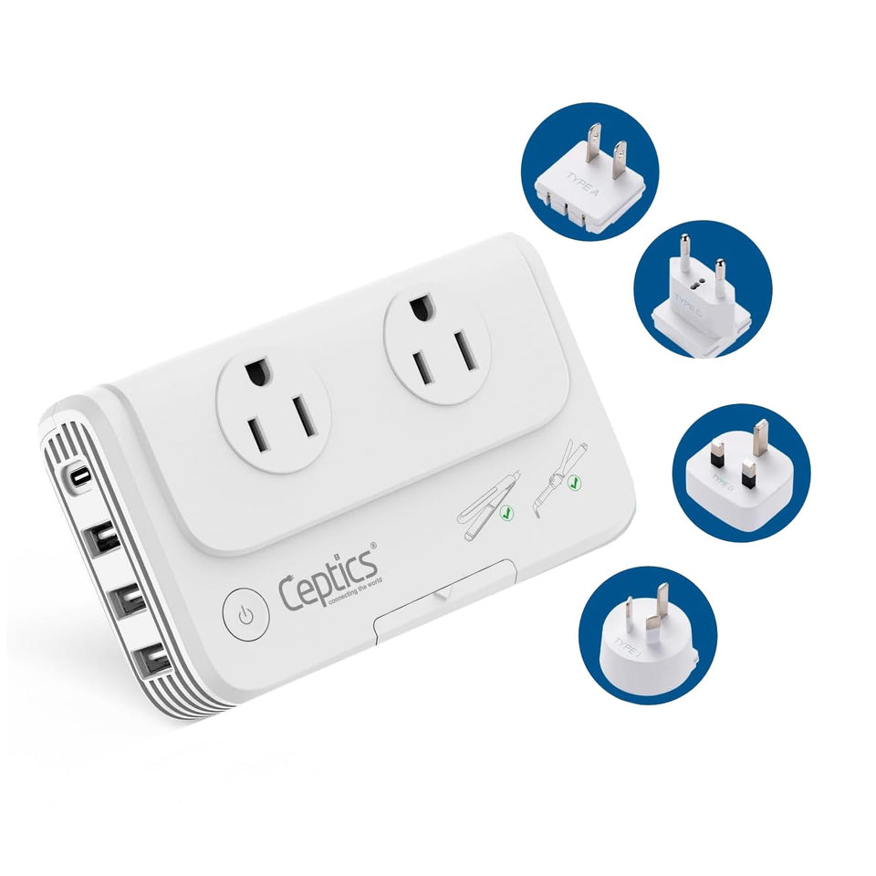 Ceptics front view showing outlets and compact design for easy travel