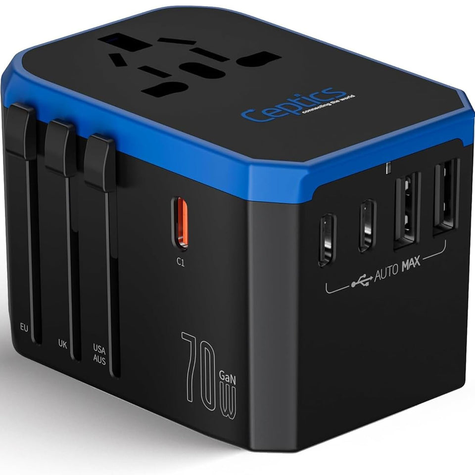 Ceptics front packaging showing 70W travel adapter and benefits