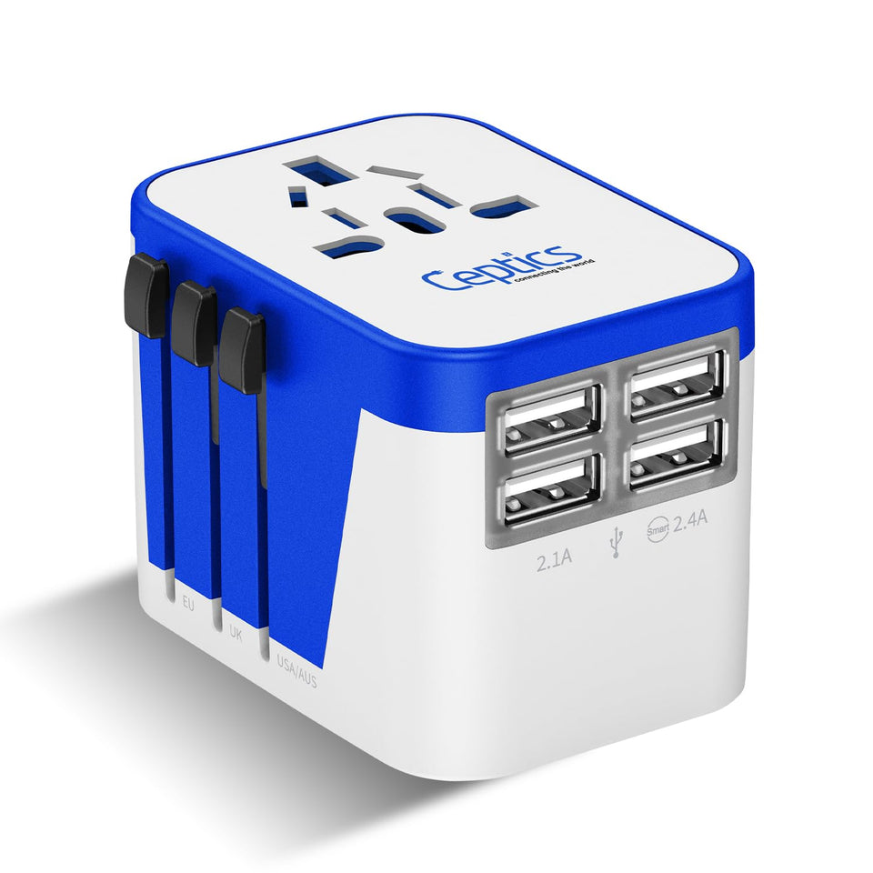 Ceptics front view adapter showing sockets and universal port, easy travel charging
