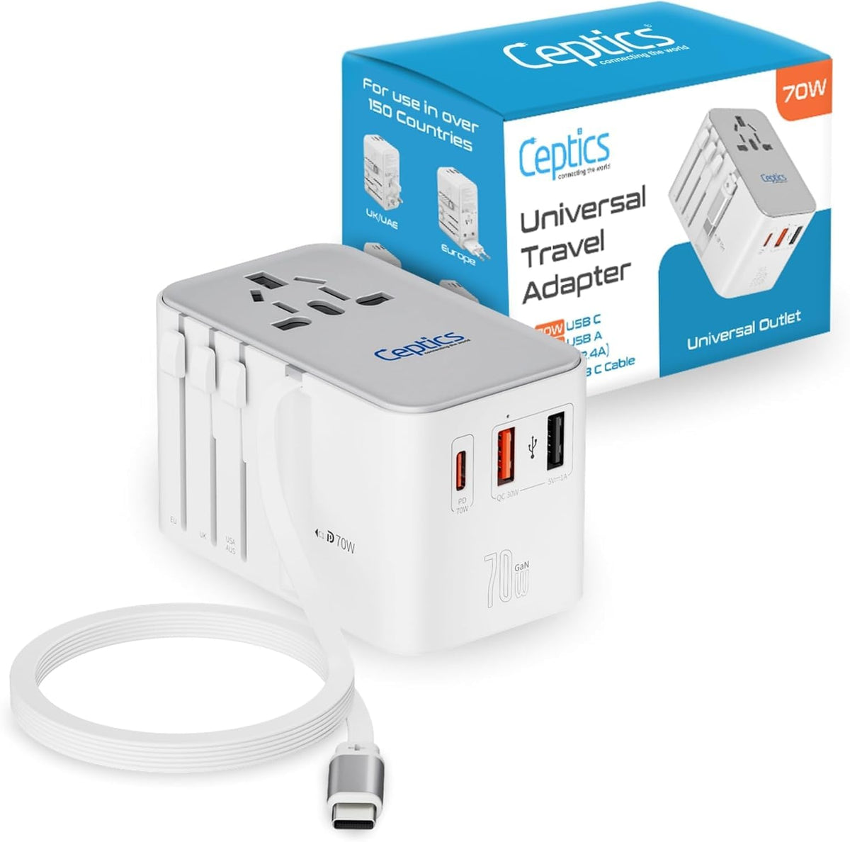 Ceptics front view of adapter showing ports and compact design, reliable travel charging