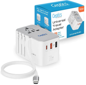 Ceptics front view of adapter showing ports and compact design, reliable travel charging