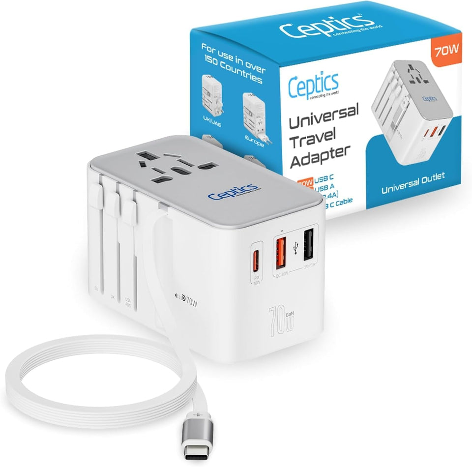 Ceptics front view of adapter showing ports and compact design, reliable travel charging