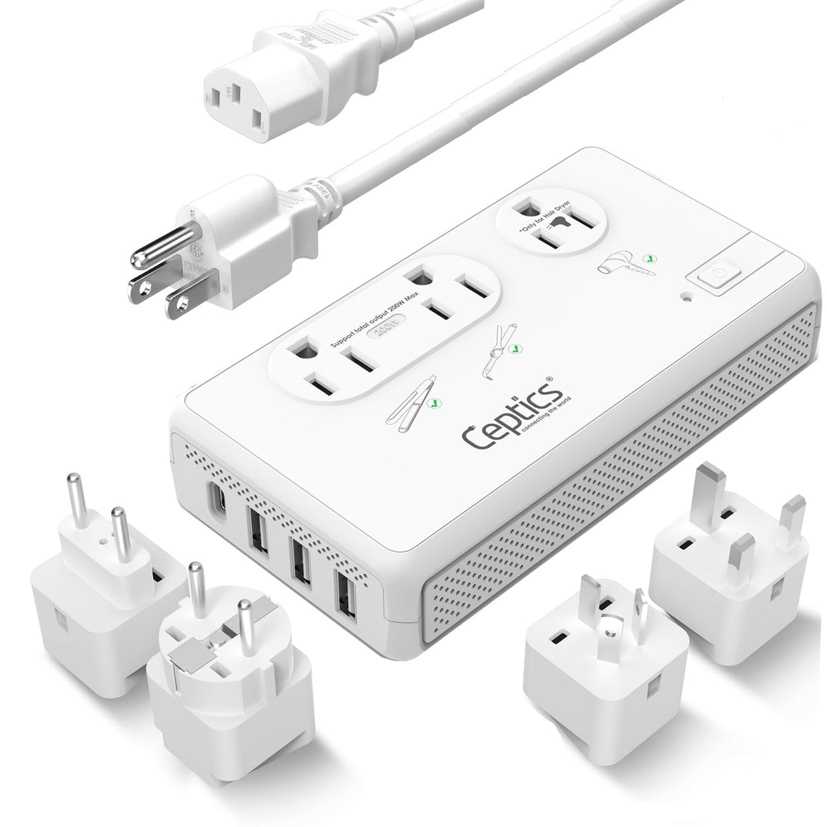 Ceptics front view of converter showing outlets and sturdy build for travel convenience