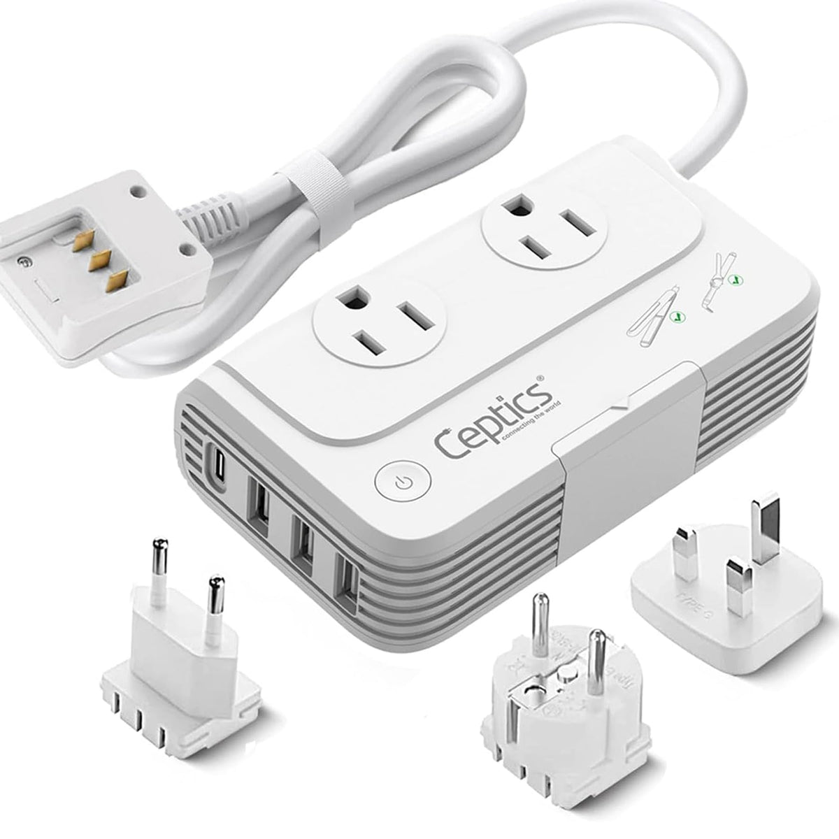Ceptics front view showing converter and multiple ports for safe travel charging