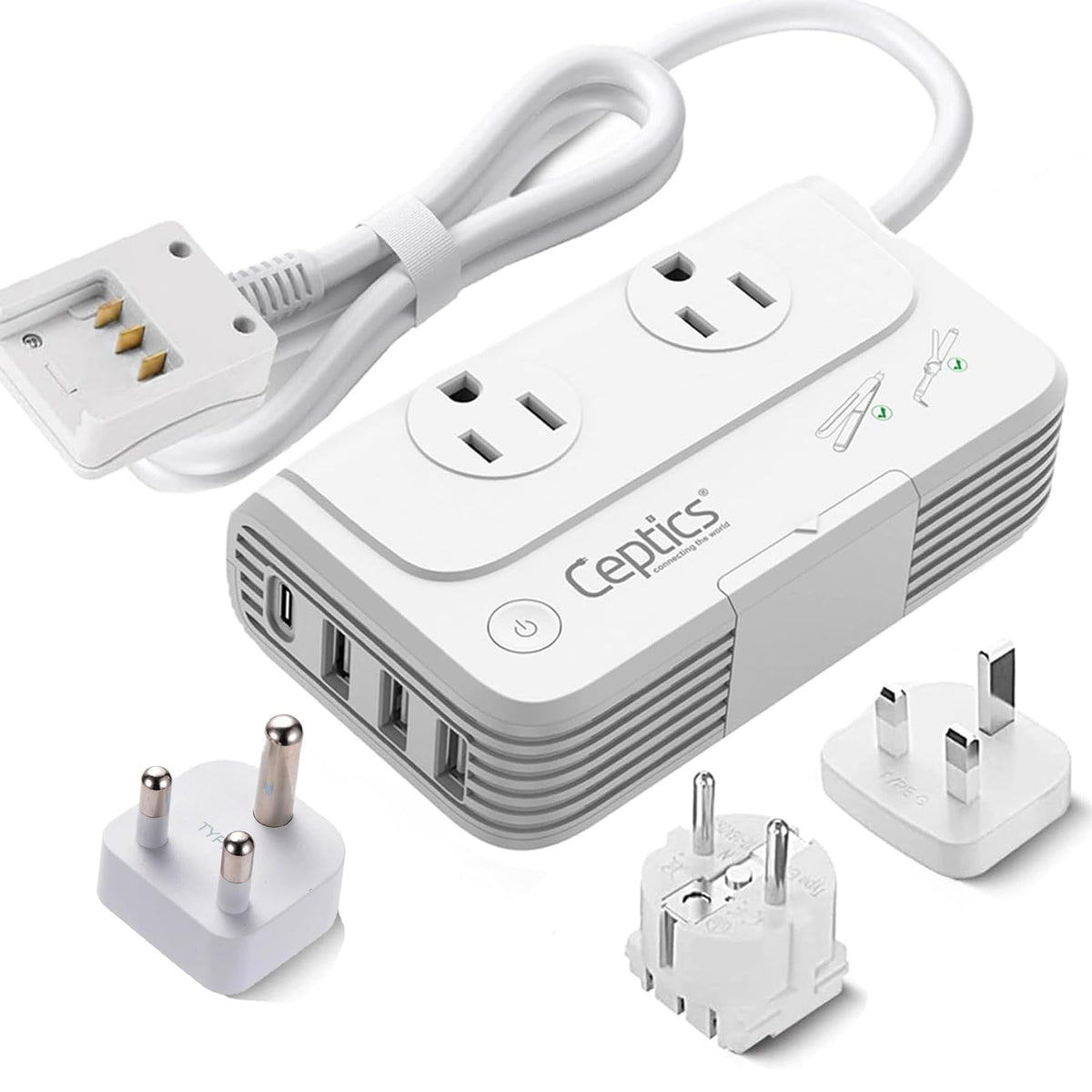 Ceptics front view showing AC outlets and compact design for travel convenience