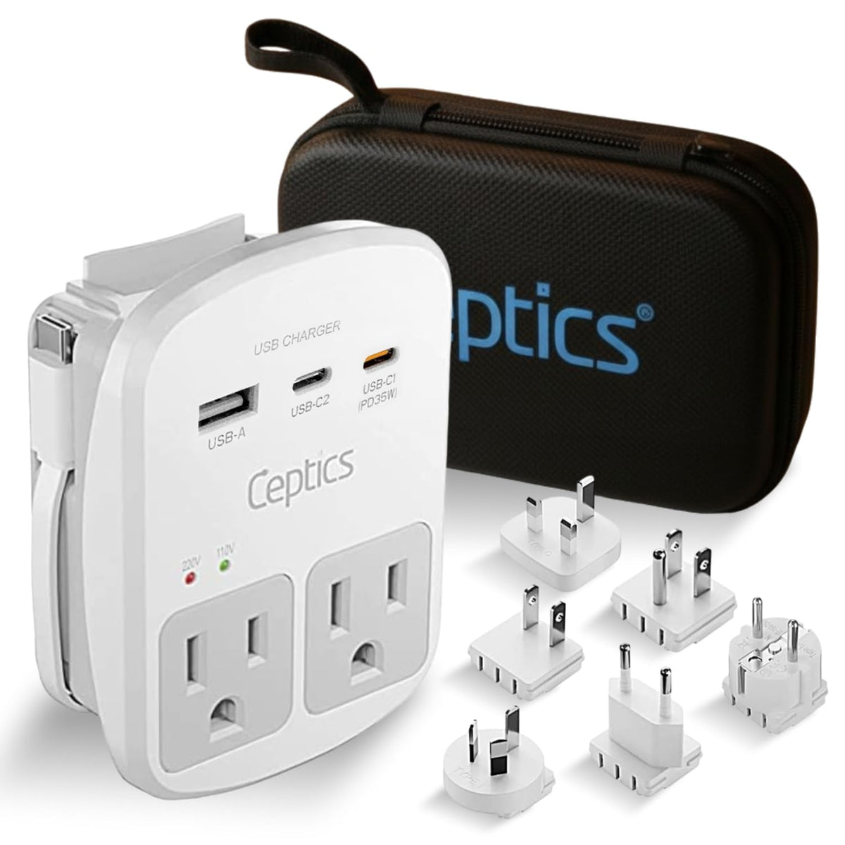 Ceptics front view showing included plugs and compact body for easy packing