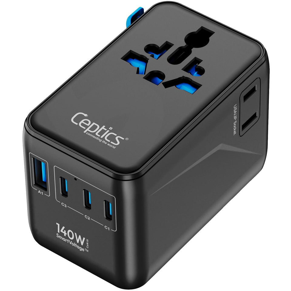 Ceptics front view showing all ports and compact design for travel convenience