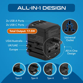 Ceptics global outputs for types A/C/G/I to charge gear worldwide