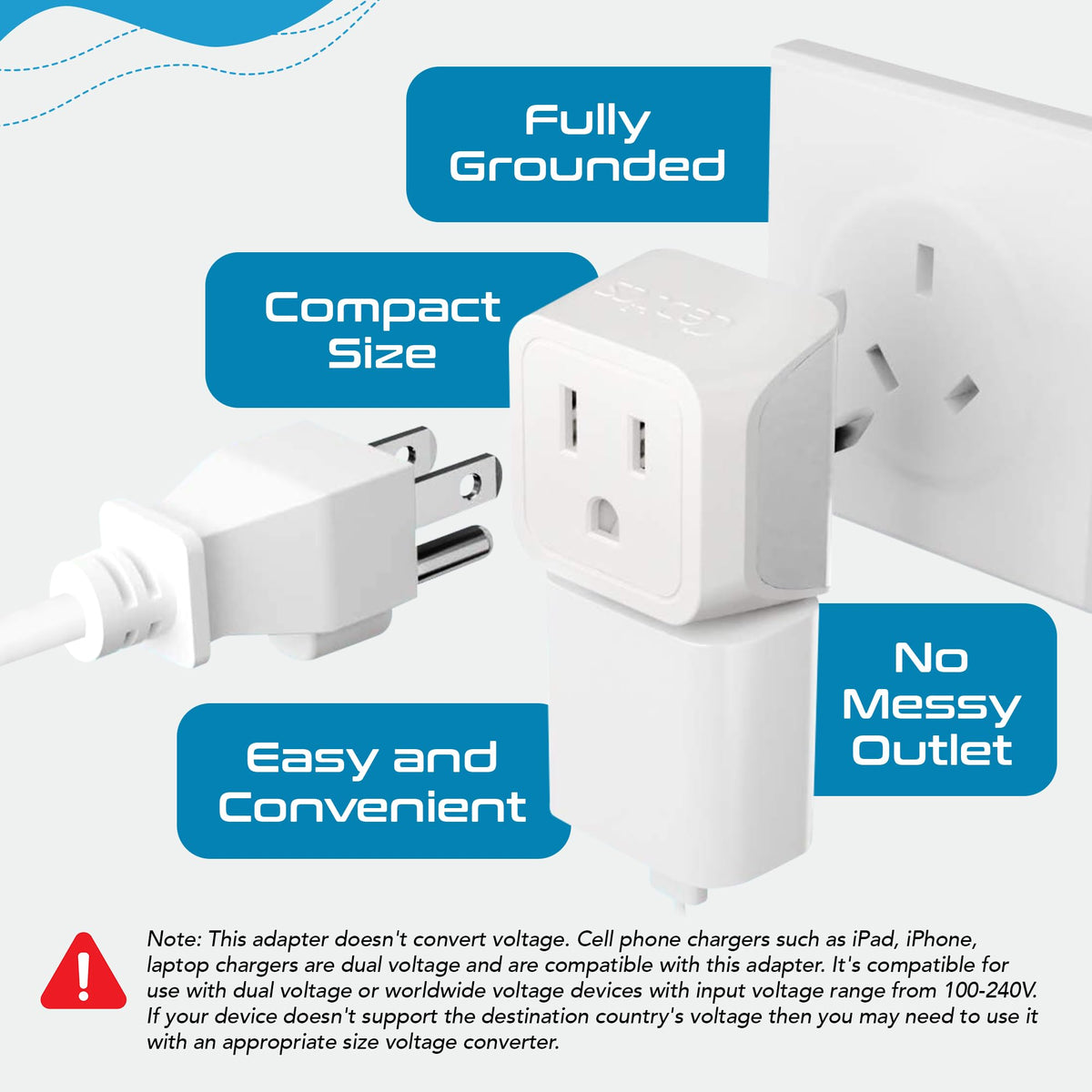 Ceptics grounded adapter with 10A rating for safe travel electronics.