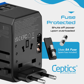 Ceptics adapter charging laptop and phone on hotel nightstand efficiently