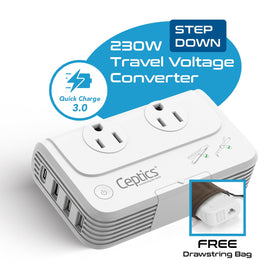 Ceptics powering devices on hotel desk showing reliable travel charging